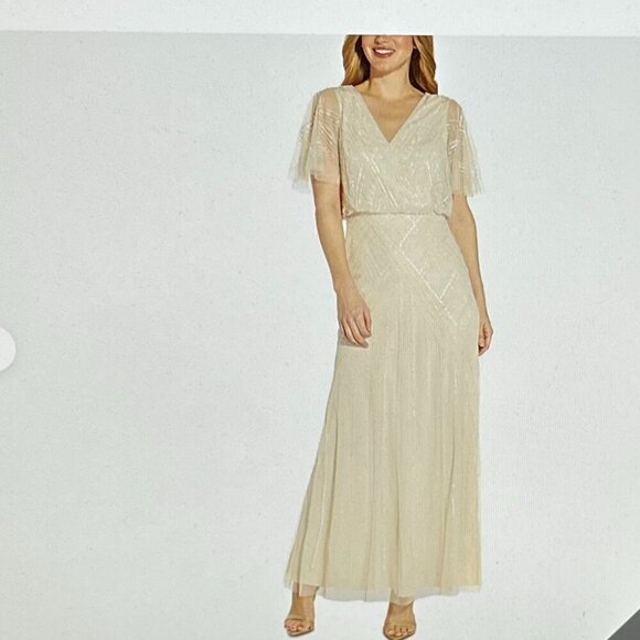 Adrianna Papell Womens White Beaded Cut Out Evening Dress Gown 16 - Picture 3 of 13